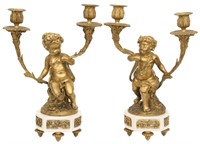 Pair of Clodion Marble & Bronze Candelabra