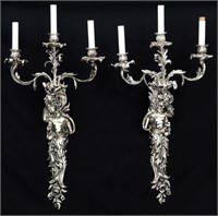 Pair of Silver Plated Bronze Figural Sconces