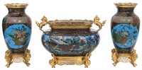 French Bronze and Chinese Cloisonne Console Set