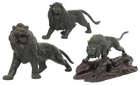 3 Meiji Bronze Lion Sculptures