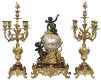 French 3 Piece Marble & Bronze Clock Set