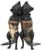 Figural Carved Cat & Horn Double Inkwell