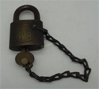 Vintage Brass Wb Padlock Lock W/ Key On Chain