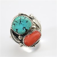 Very Old NAVAJO Sterling, Coral & Turquoise Ring