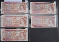 5 pcs 1974 $2 Consecutive Serial # Banknotes