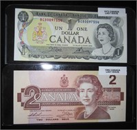 2 pcs CAD Last Issue Banknotes $1 &$2 CAD