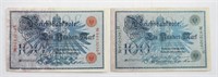 2pc 1908 Imperial German Marks Red & Green Seal