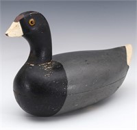 A PRIMITIVE UNSIGNED CARVED PAINTED WOOD COOT DECO