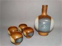 Mid-Century Glazed Pottery Decanter & Cup Set
