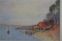 Artist unknown, red roofed boatshed with