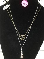 PAIR OF STERLING NECKLACES ,W/HEART & CLEAR GEMS