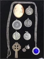 TRAY OF STERLING ROSARIES & A CAMEO
