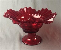 Ruby Red Footed Glass Bowl w/Ruffled Edge