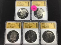 5 EISENHOWER PROOF CAMEO DOLLARS, CASED & GRADED