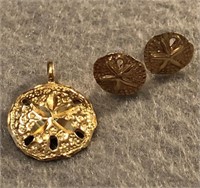 14K Yellow Gold Sand Dollar Charm & Earrings