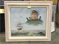 Oil on canvas of ship and captain signed by