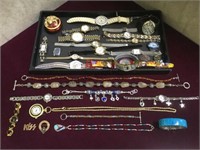 Tray lot of watches and costume jewelry