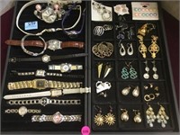 2 trays of costume jewelry and watches