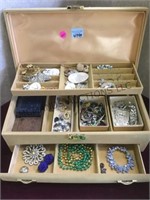 Vintage jewelry box with assorted costume jewelry