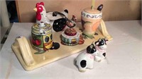 ROOSTER CONDIMENT JAR SET WITH TRAY + SALT &PEPPER