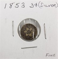 Coin 1853 Silver 3¢ Graded as Fine   Rare!