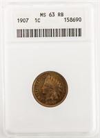 Coin 1907 Indian Head Cent in ANACS MS65 RB