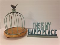 Bird Cage Cloche & Wooden Sign Decor