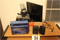 MONITOR, COMPUTER, SPEAKERS, WIRELESS ROUTER, MIC