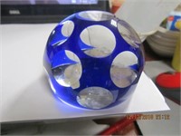 Glass Blue & Clear Cut Glass Paperweight