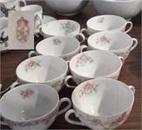 Dbl handle porcelain floral cups signed w LION
