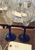 pair matching wine stems cobalt blue twist bases