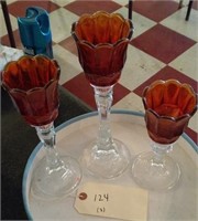 set  3 crystal candleholders w ruby glass insert