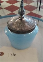 blue custard glass pot w silverplate top