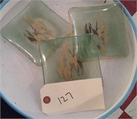 3 mid century green glass trays w golden trees