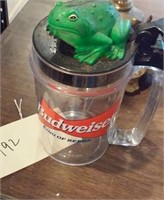 Advertising beer mug w figural frog Budweiser