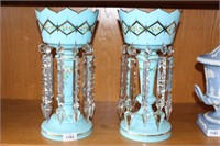 Pair of antique blue milk glass lustre vases,