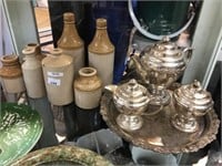 QTY OF STONEWARE BOTTLES AND A PLATED