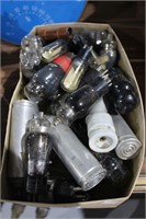 Box of valves, vintage batteries etc, condensors