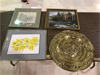 LOT OF 4 FRAMED PICTURES AND METAL DISH