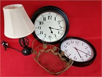 Two Clocks, Wrought Iron Lamp and Basket
