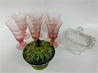 Olive Green Jar, Clear Glass Jar and Pink Glasses