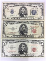 3 $5 NOTES ONE SILVER CERTIFICATE