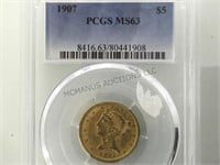 1907 PCGS MS63 GOLD $5  CASED GRADED