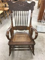 Oak pressed back/cane seat rocking chair