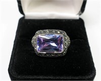 Sterling silver amethyst and marcasite ring