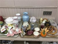 3 trays of serving dishes, vases, etc.