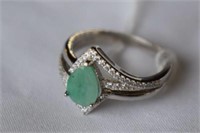 Sterling Silver Ring w/ Emeralds & White Stones