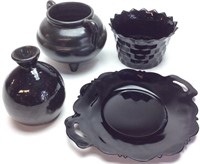 BEN OWENS POTTERY AND BLACK GLASS LOT