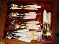 Pearl color handle flatware:  8-spoons, 8-knives,
