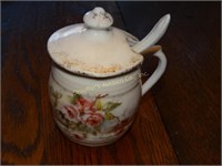 Small china server cup with lid & spoon approx.
